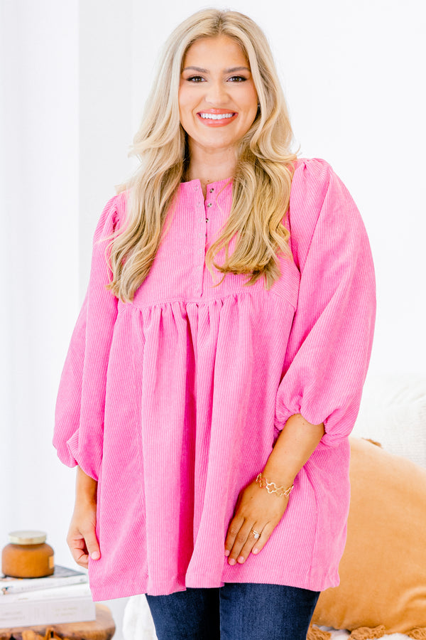 Chic Soul plus size clothing, pink babydoll top with long bubble sleeves and buttons going down the chest 