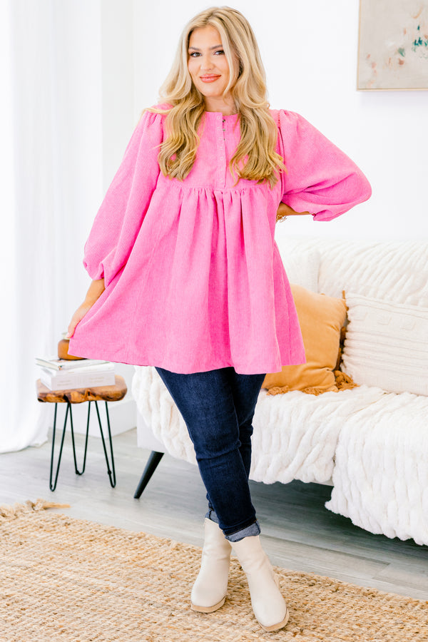 Chic Soul plus size clothing, pink babydoll top with long bubble sleeves and buttons going down the chest 