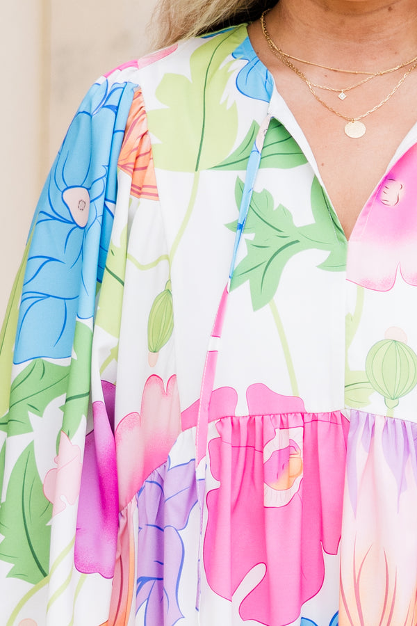 Chic Soul plus size clothing, off white long sleeve mini dress with large bright floral print with v cutout on neckline with tie detail