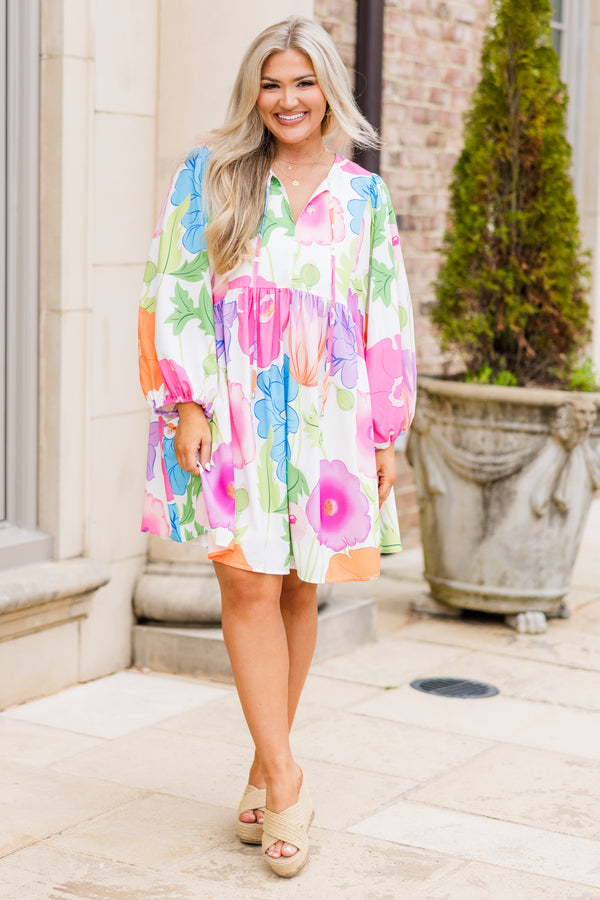 Chic Soul plus size clothing, off white long sleeve mini dress with large bright floral print with v cutout on neckline with tie detail