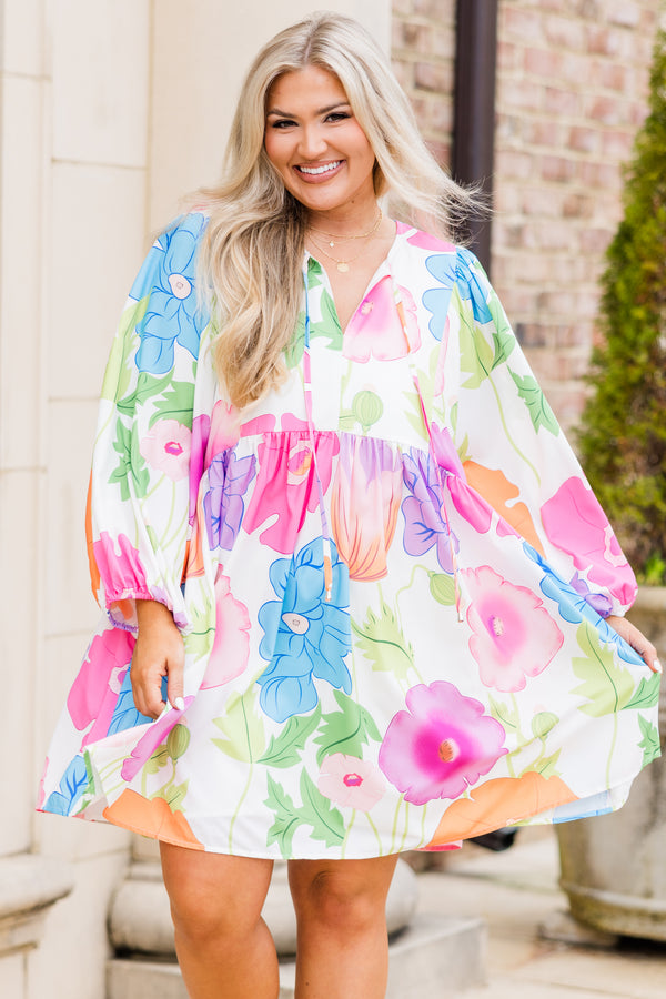 Chic Soul plus size clothing, off white long sleeve mini dress with large bright floral print with v cutout on neckline with tie detail