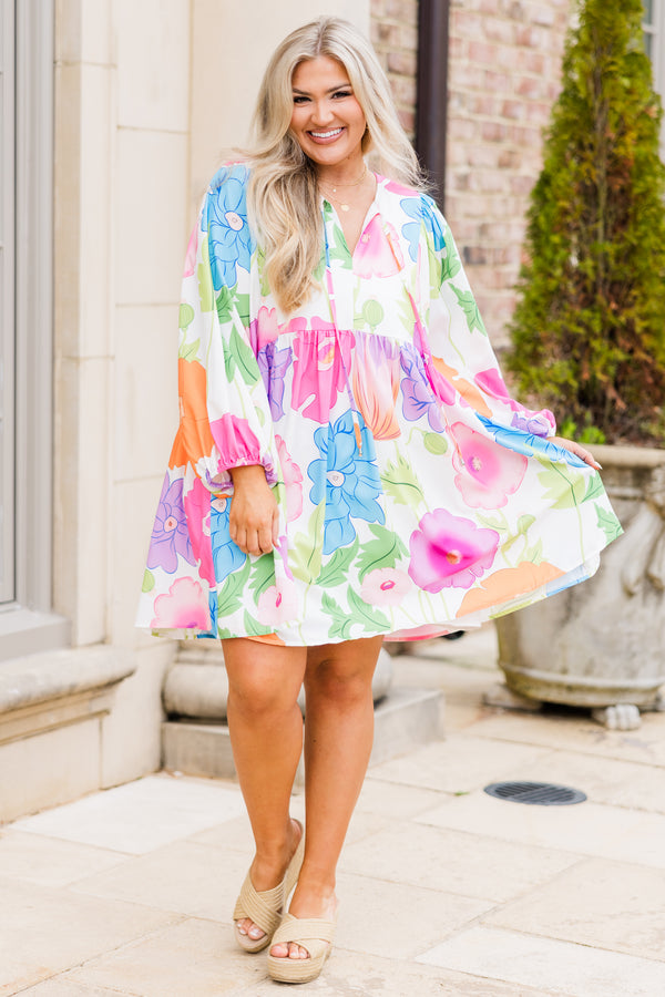 Chic Soul plus size clothing, off white long sleeve mini dress with large bright floral print with v cutout on neckline with tie detail