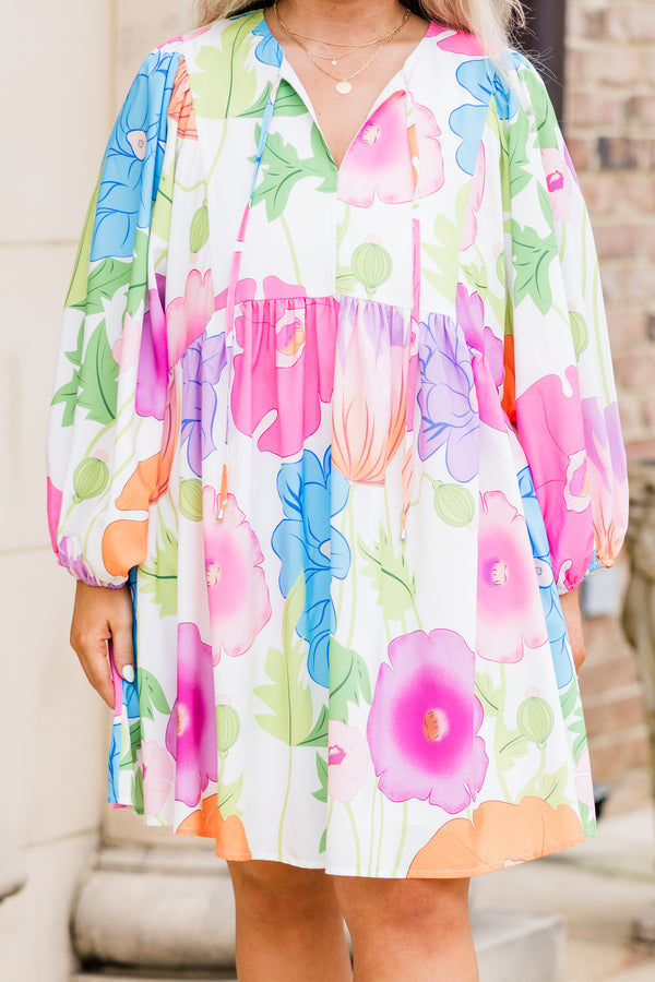 Chic Soul plus size clothing, off white long sleeve mini dress with large bright floral print with v cutout on neckline with tie detail