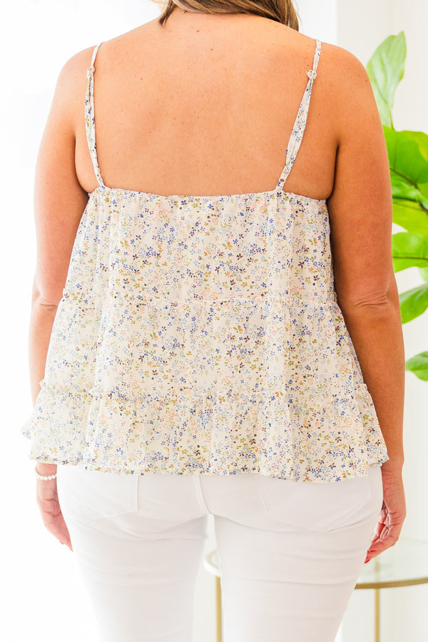 Chic Soul plus size clothing, spaghetti strap cream baby doll top with lace trim and light blue small floral pattern