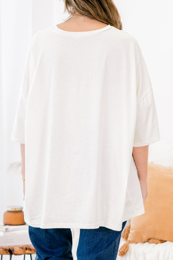 Chic Soul plus size clothing, ivory short sleeve graphic tee with the saying 