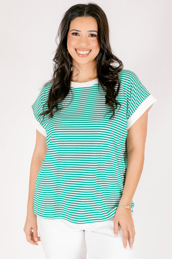 Chic Soul plus size clothing, green and white horizontal stripe tee