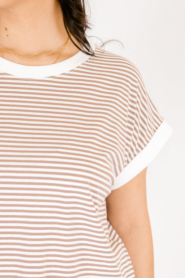 Chic Soul plus size clothing, light mocha striped short sleeve tee with white cuffs at the end of the sleeves and outlining the neckline 
