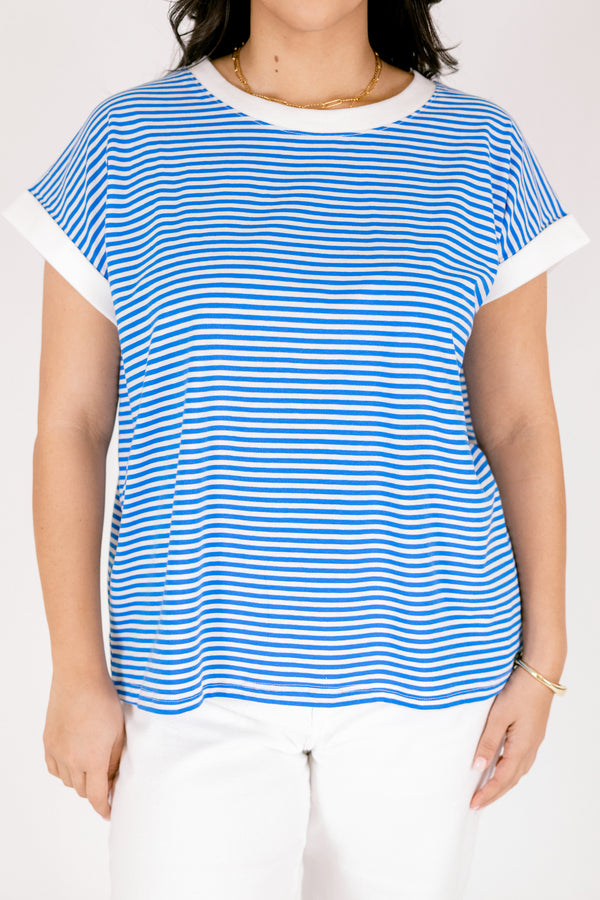 Chic Soul plus size clothing, white and blue horizontal pin stripe short sleeve tee with solid white trim around  the sleeves