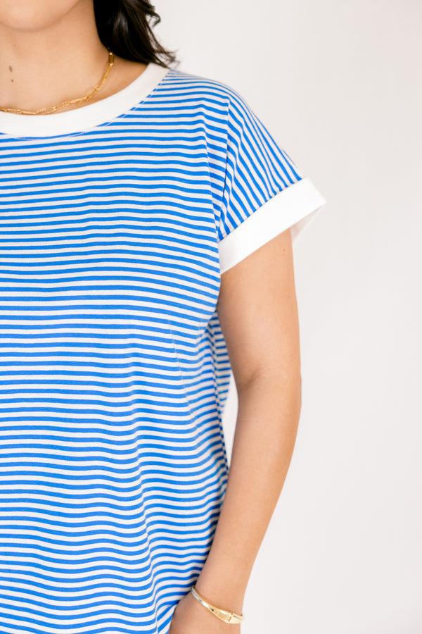 Chic Soul plus size clothing, white and blue horizontal pin stripe short sleeve tee with solid white trim around  the sleeves