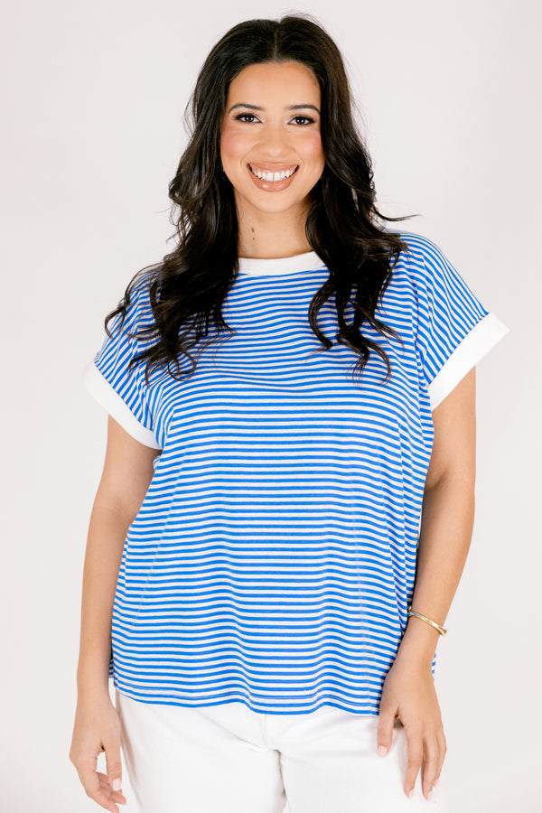 Chic Soul plus size clothing, white and blue horizontal pin stripe short sleeve tee with solid white trim around  the sleeves