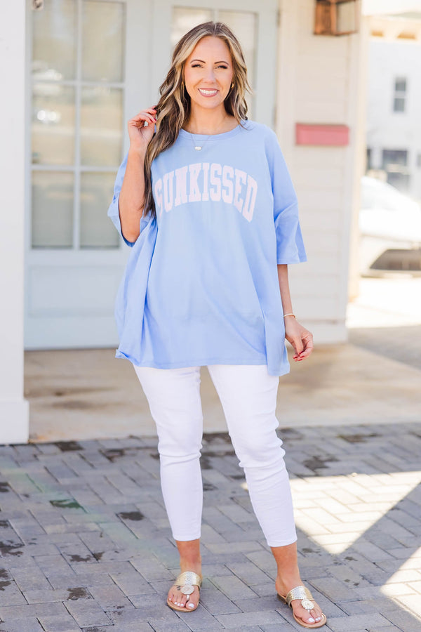 Plus Size oversized spring blue cotton boyfriend tee with a white Sunkissed graphic.