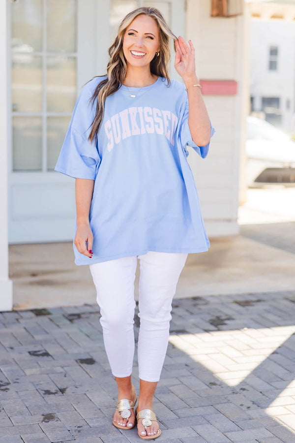 Plus Size oversized spring blue cotton boyfriend tee with a white Sunkissed graphic.