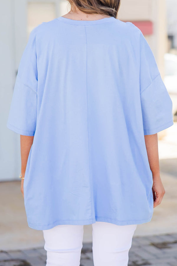 Plus Size oversized spring blue cotton boyfriend tee with a white Sunkissed graphic.