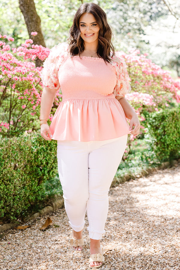 Chic Soul plus size clothing, pink smocked babydoll short sleeve top with pink floral embellished puff sleeves