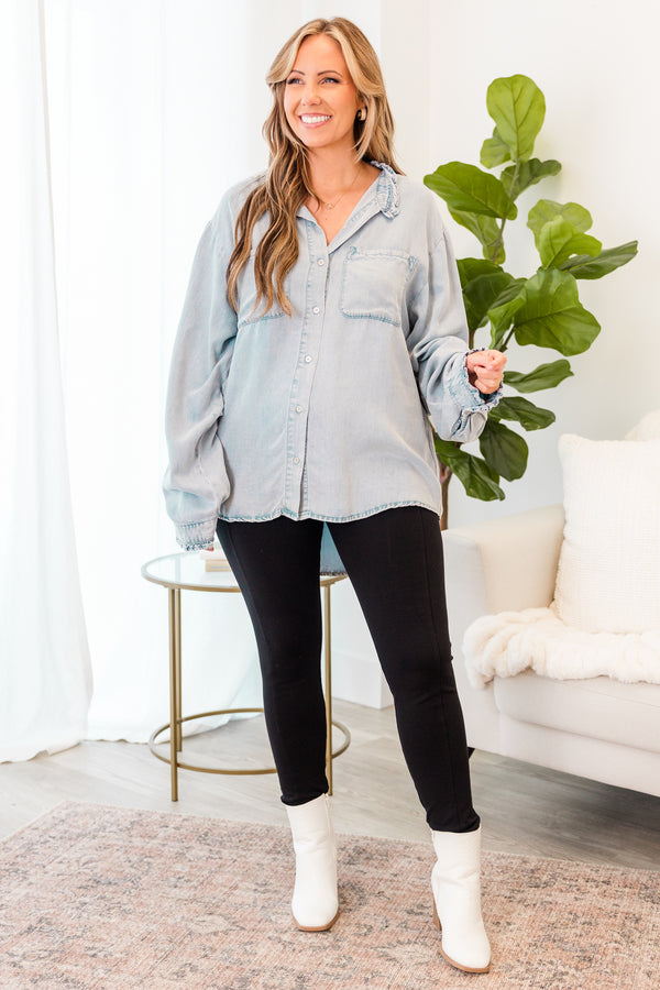 Chic Soul plus size clothing, long sleeve light wash denim button up top with ruffle collar and two chest pockets with cuff sleeves