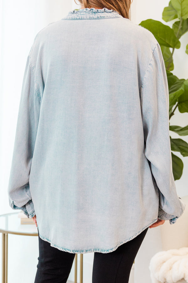 Chic Soul plus size clothing, long sleeve light wash denim button up top with ruffle collar and two chest pockets with cuff sleeves