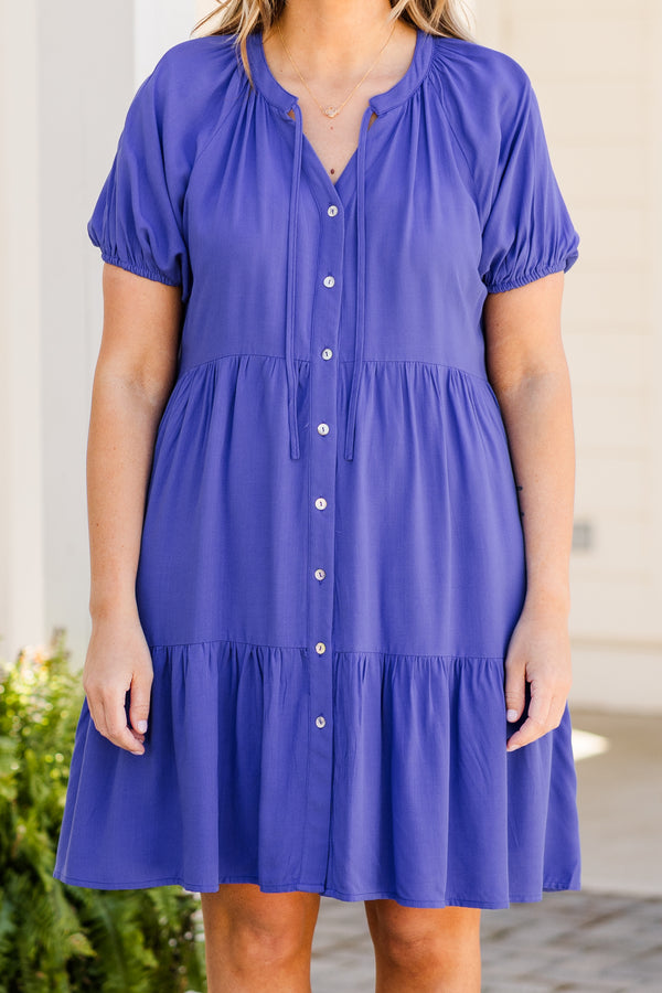 Chic Soul plus size clothing, royal blue short sleeve button up dress with puff sleeves and tier detailing