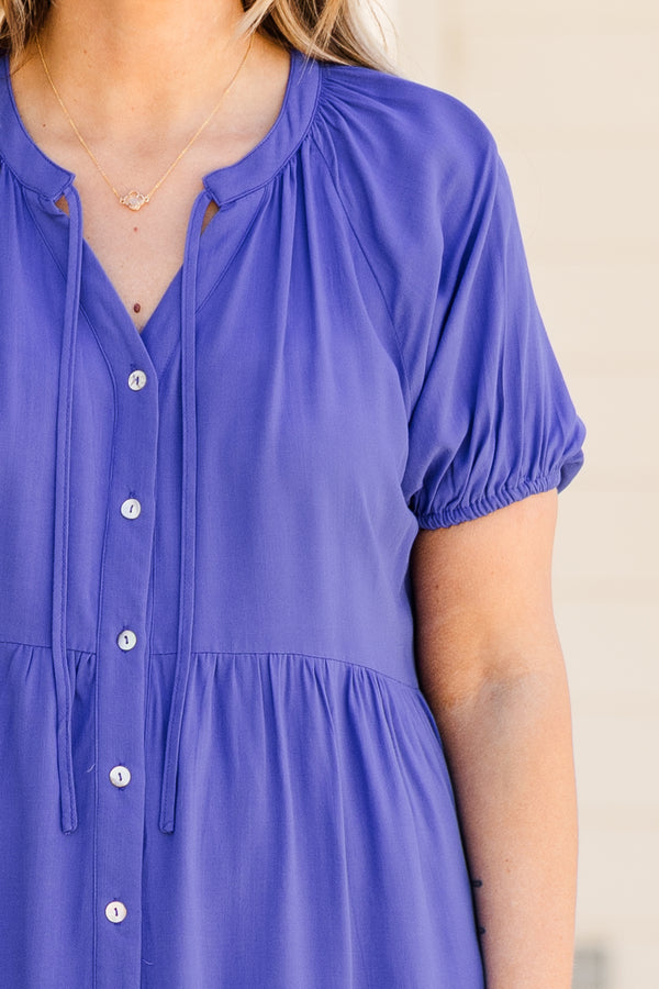 Chic Soul plus size clothing, royal blue short sleeve button up dress with puff sleeves and tier detailing