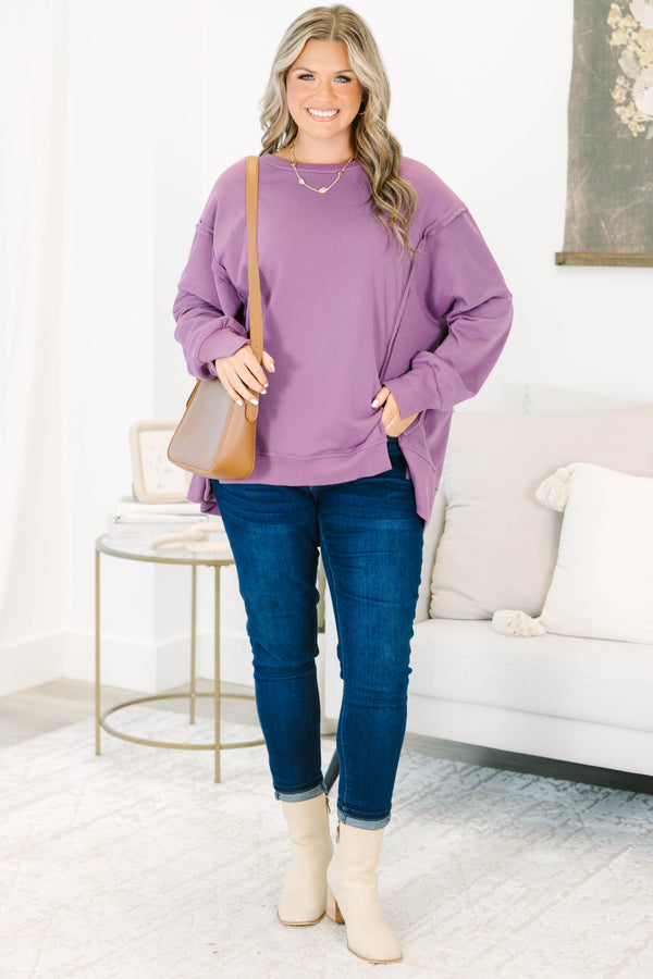 Plus Size dusty plum pullover with a crew neck, drop shoulders, and raw-edge seam detailing.