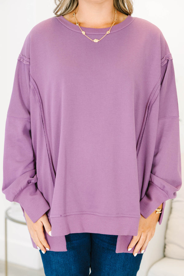 Plus Size dusty plum pullover with a crew neck, drop shoulders, and raw-edge seam detailing.