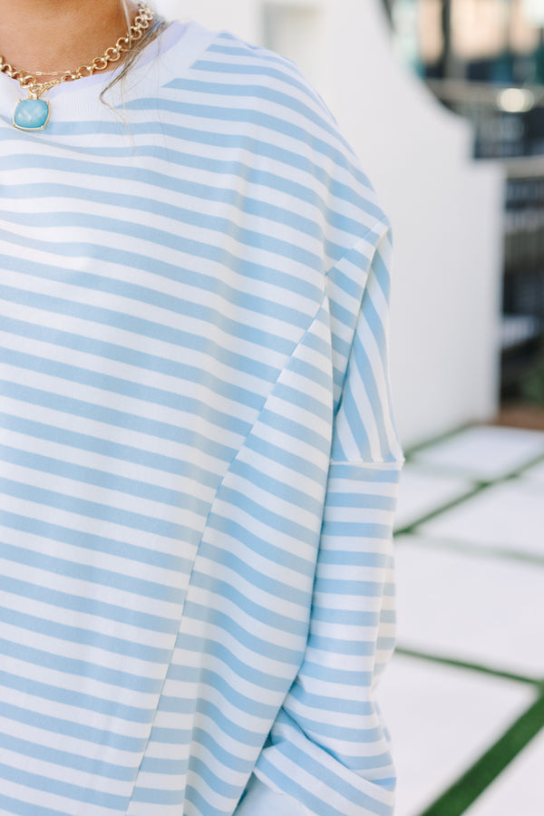 Chic Soul plus size clothing, blue stripe pullover with side slits and exposed seams