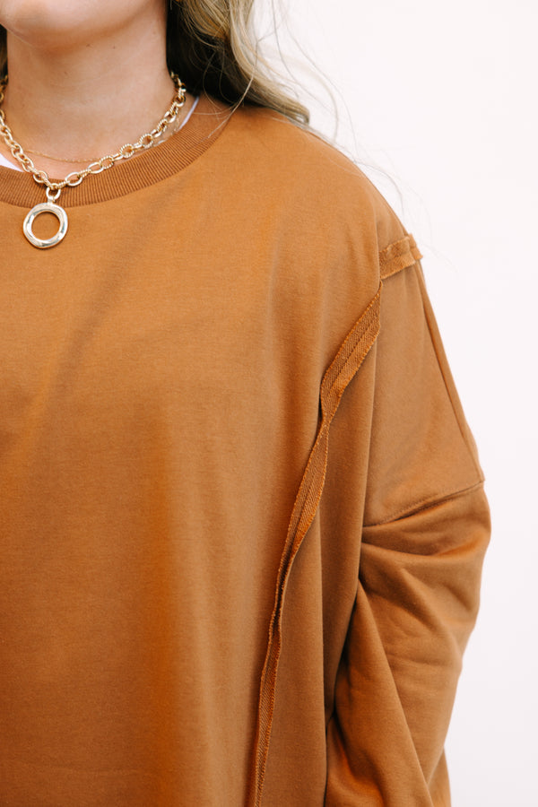 Chic Soul plus size clothing, dark brown long sleeve crewneck oversized pullover