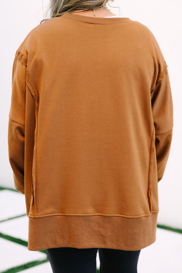 Chic Soul plus size clothing, dark brown long sleeve crewneck oversized pullover