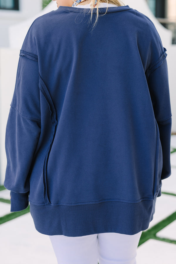 Chic Soul plus size clothing, navy long sleeve crewneck oversized pullover with slits on the hip