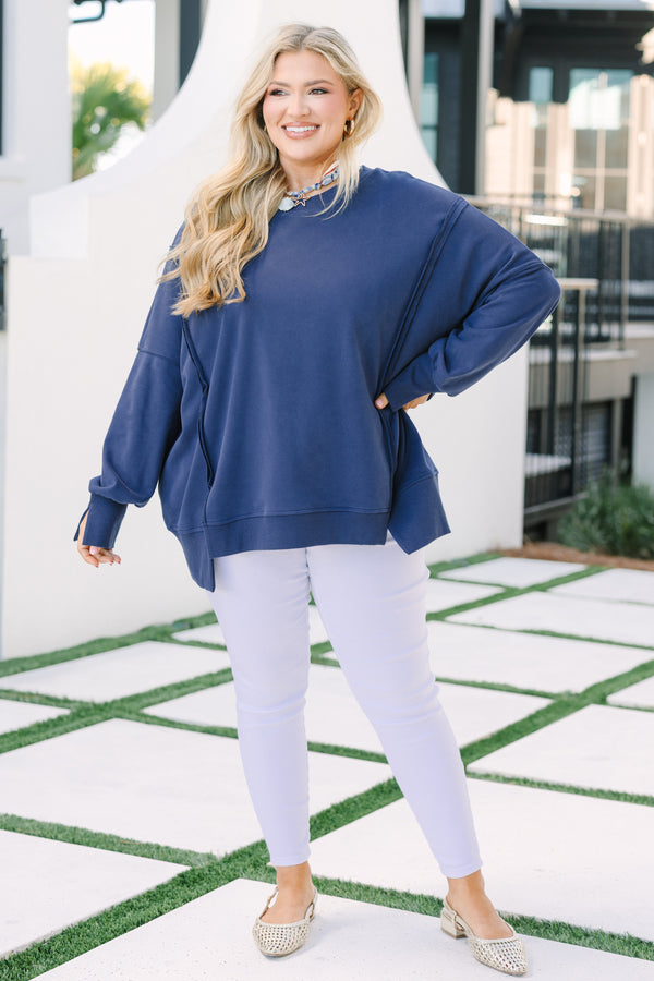 Chic Soul plus size clothing, navy long sleeve crewneck oversized pullover with slits on the hip
