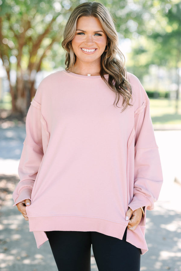 Chic Soul plus size clothing, long-sleeve pink crewneck pullover with inside-out distressed stitching