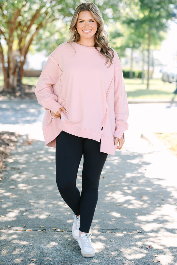 Chic Soul plus size clothing, long-sleeve pink crewneck pullover with inside-out distressed stitching