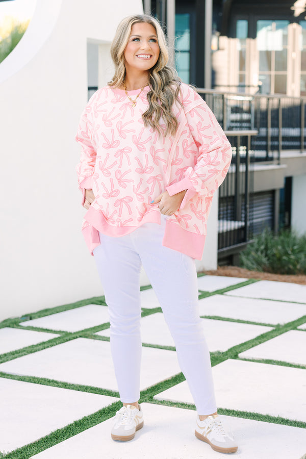 Chic Soul plus size clothing, pink ribbon pullover with side slits and exposed seams