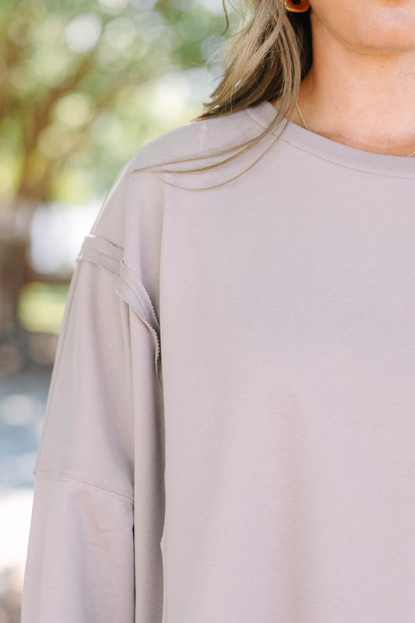 Chic Soul plus size clothing, long-sleeve taupe crewneck pullover with inside-out distressed stitching detailing 