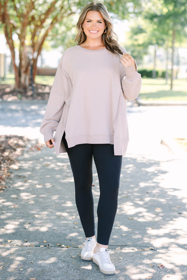 Chic Soul plus size clothing, long-sleeve taupe crewneck pullover with inside-out distressed stitching detailing 