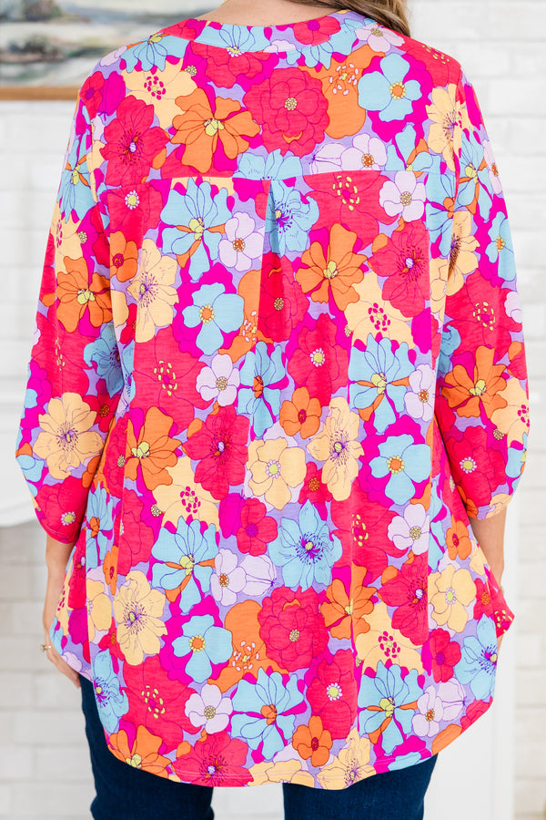 Chic Soul plus size clothing, quarter-sleeve multi-colored v-neckline top with a bright multi-colored floral pattern