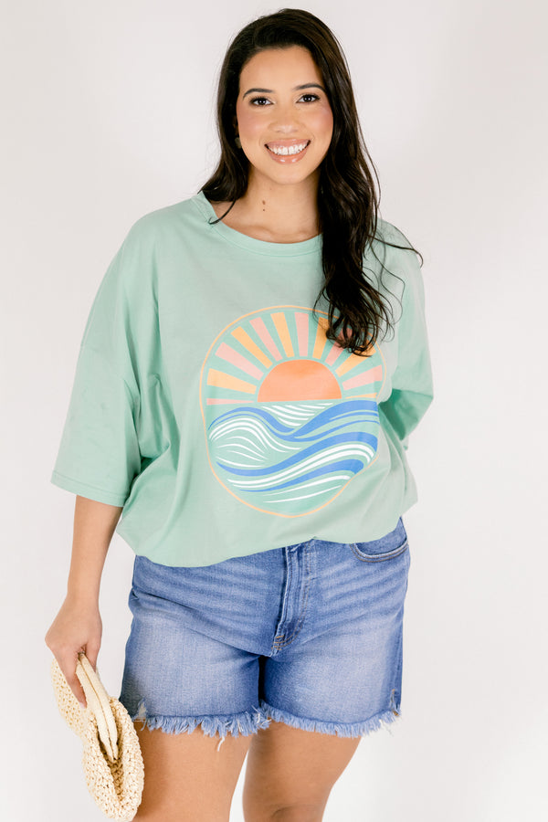 Chic Soul plus size clothing, light green oversized boyfriend tee with sunset graphic