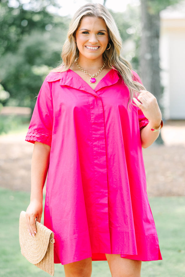 Plus Size hot pink 100% cotton shirt dress with a collar and short sleeves.