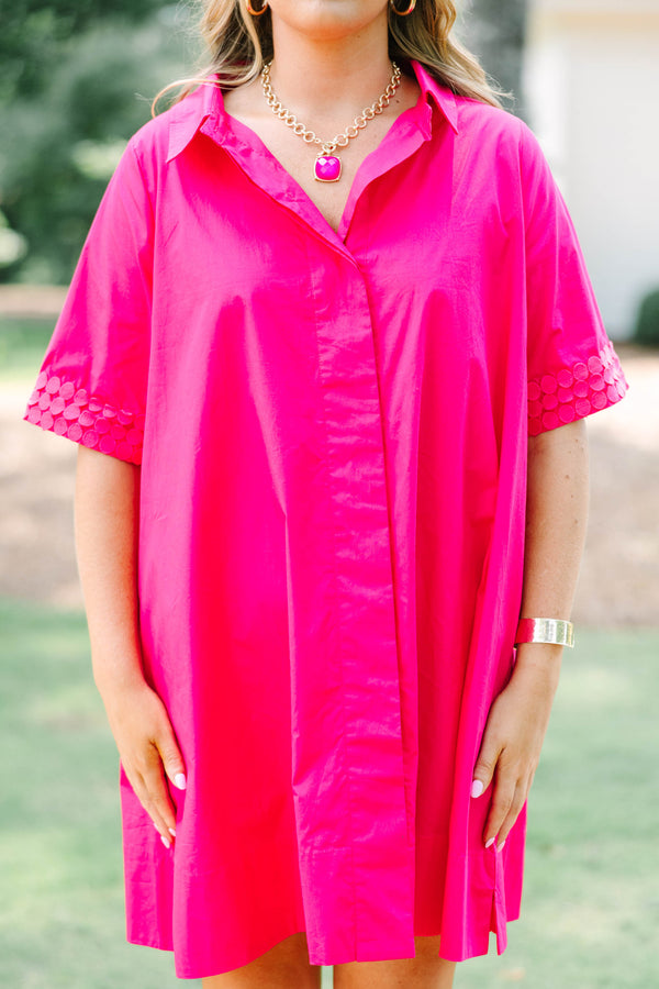 Plus Size hot pink 100% cotton shirt dress with a collar and short sleeves.
