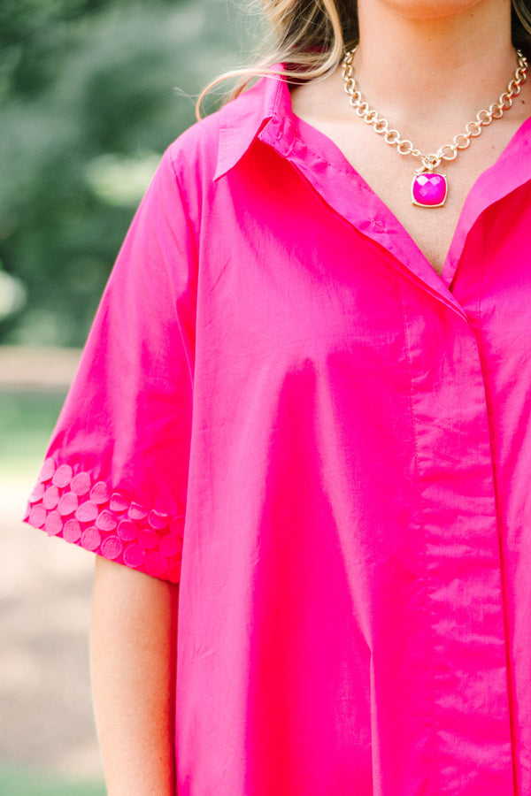 Plus Size hot pink 100% cotton shirt dress with a collar and short sleeves.