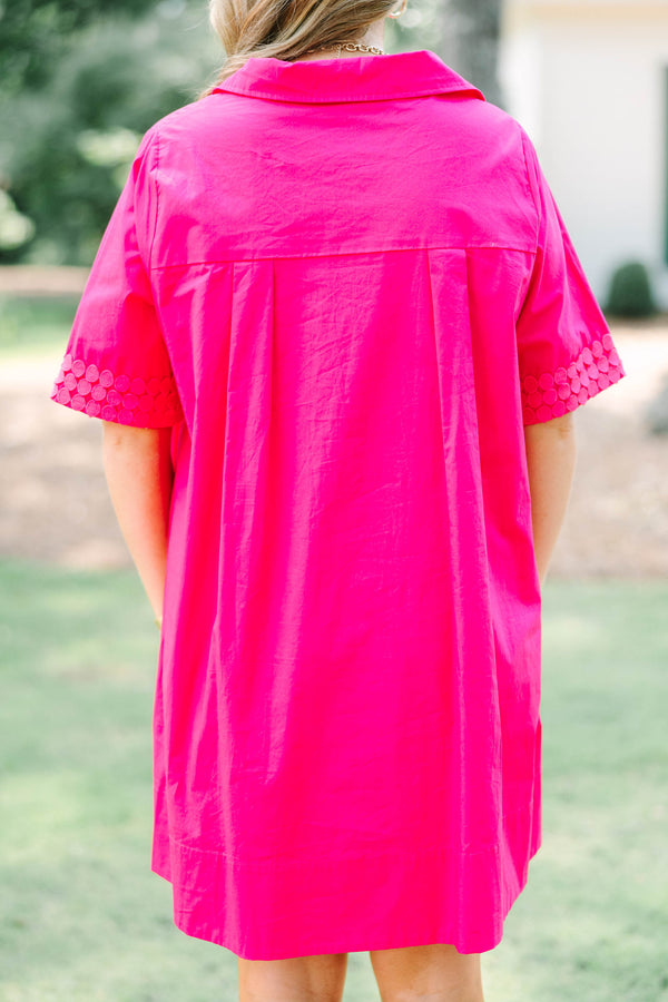 Plus Size hot pink 100% cotton shirt dress with a collar and short sleeves.