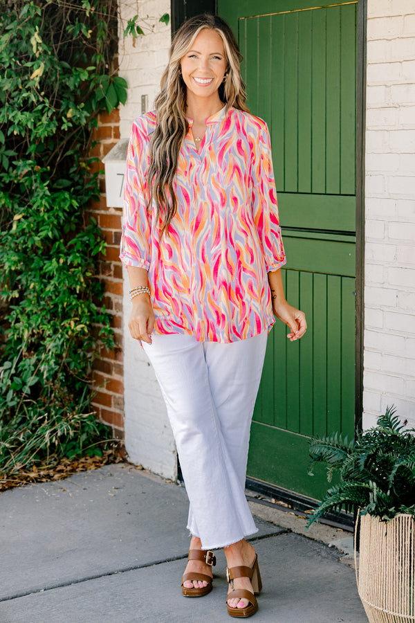 Chic Soul plus size clothing, orange and hot pink abstract slit neckline three-quarter button tab sleeve top