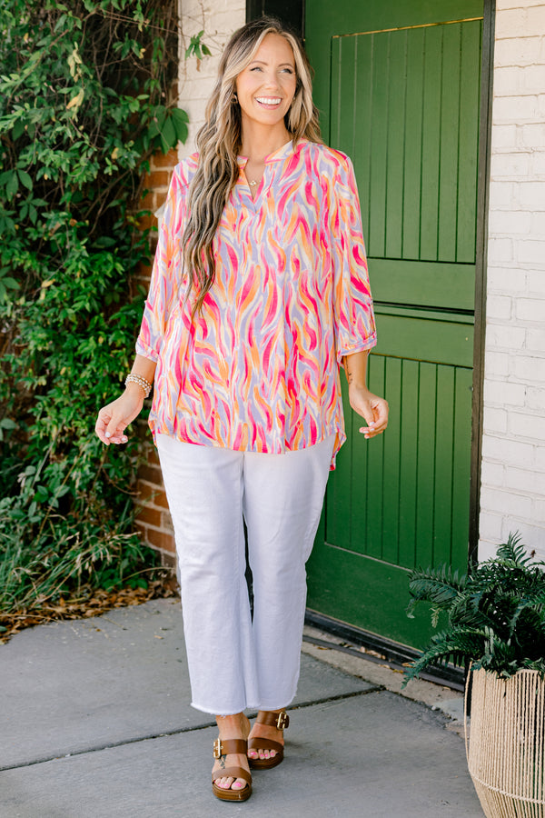 Chic Soul plus size clothing, orange and hot pink abstract slit neckline three-quarter button tab sleeve top