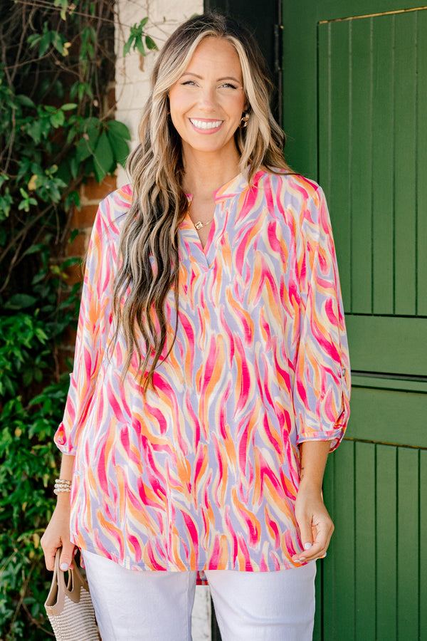 Chic Soul plus size clothing, orange and hot pink abstract slit neckline three-quarter button tab sleeve top