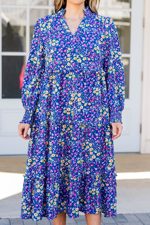Chic Soul plus size clothing, pink long sleeve midi dress with v neckline and multicolor floral print