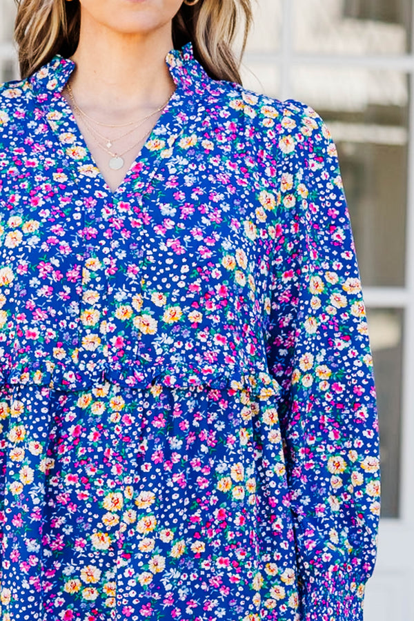 Chic Soul plus size clothing, pink long sleeve midi dress with v neckline and multicolor floral print
