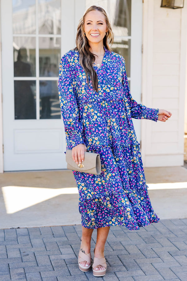 Chic Soul plus size clothing, pink long sleeve midi dress with v neckline and multicolor floral print