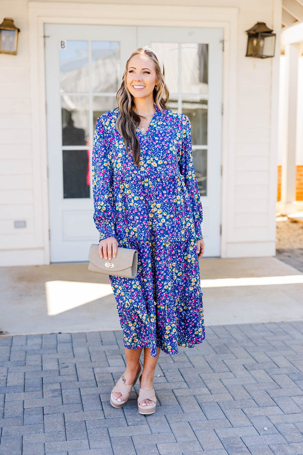 Chic Soul plus size clothing, pink long sleeve midi dress with v neckline and multicolor floral print