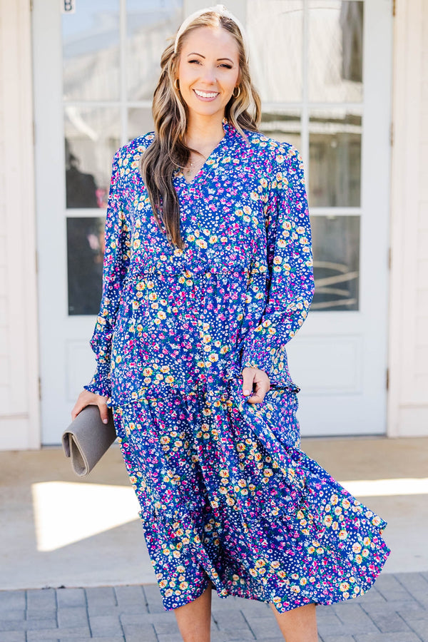 Chic Soul plus size clothing, pink long sleeve midi dress with v neckline and multicolor floral print
