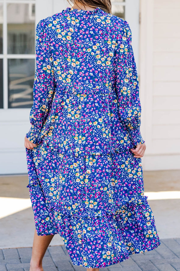 Chic Soul plus size clothing, pink long sleeve midi dress with v neckline and multicolor floral print