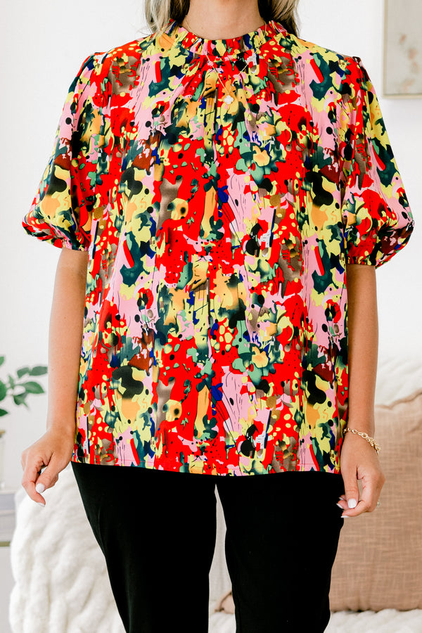 Chic Soul plus size clothing, abstract paint splatter patterned multicolor blouse including red and light pink and yellow and black plus pleated mock neck and short-bubble sleeves